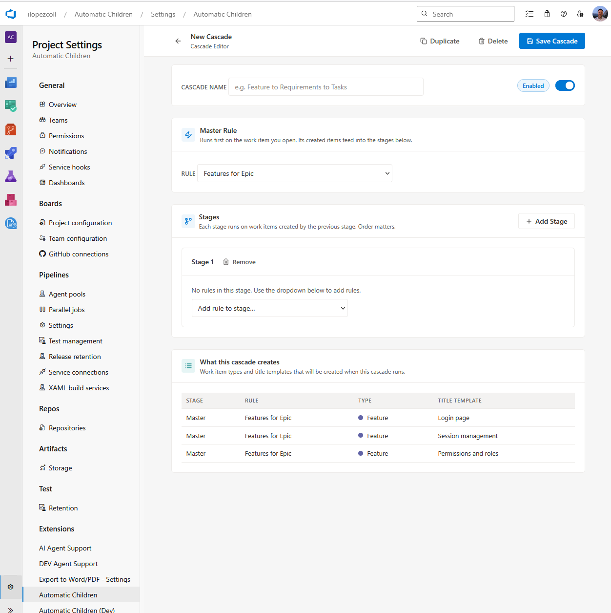 Cascades configuration